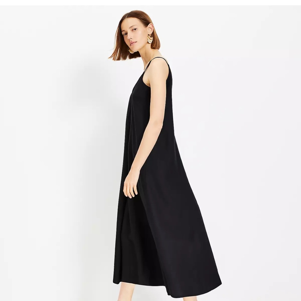 NWT Loft strappy vneck black linen midi dress 6P M